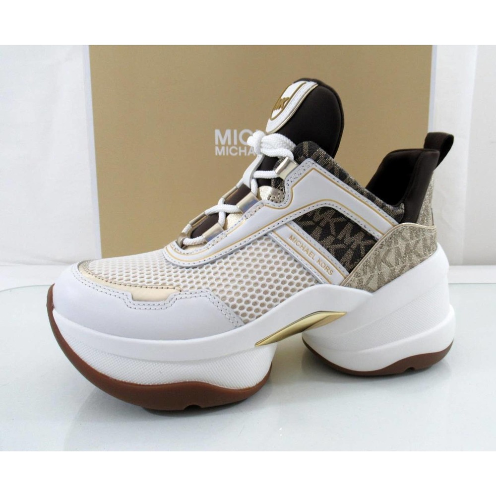 Michael Kors Olympia Trainer Lace Up Wedge Sneakers MK Logo Pale Gold - Picture 2 of 10